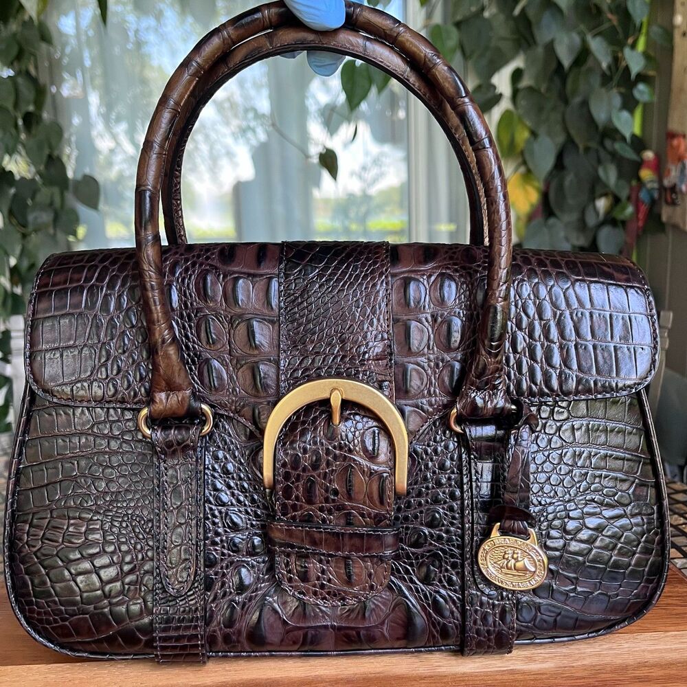 Brahmin Vintage Jessica Croc Embossed Leather Large Buckle Clasp Satchel